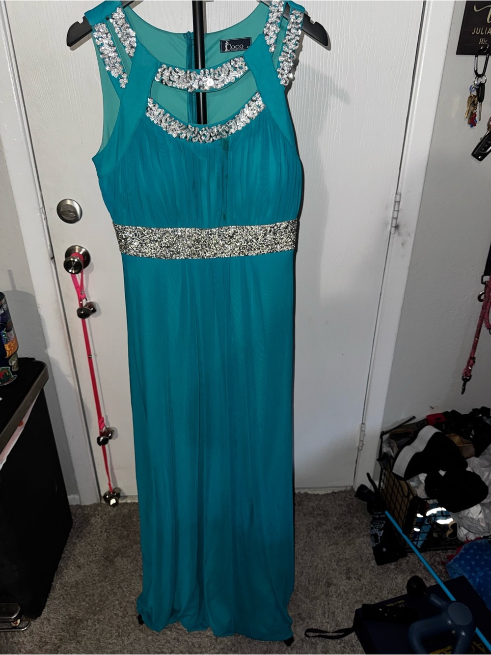 Coco Teal Embellished Waist Evening Gown - Picture 3 of 11
